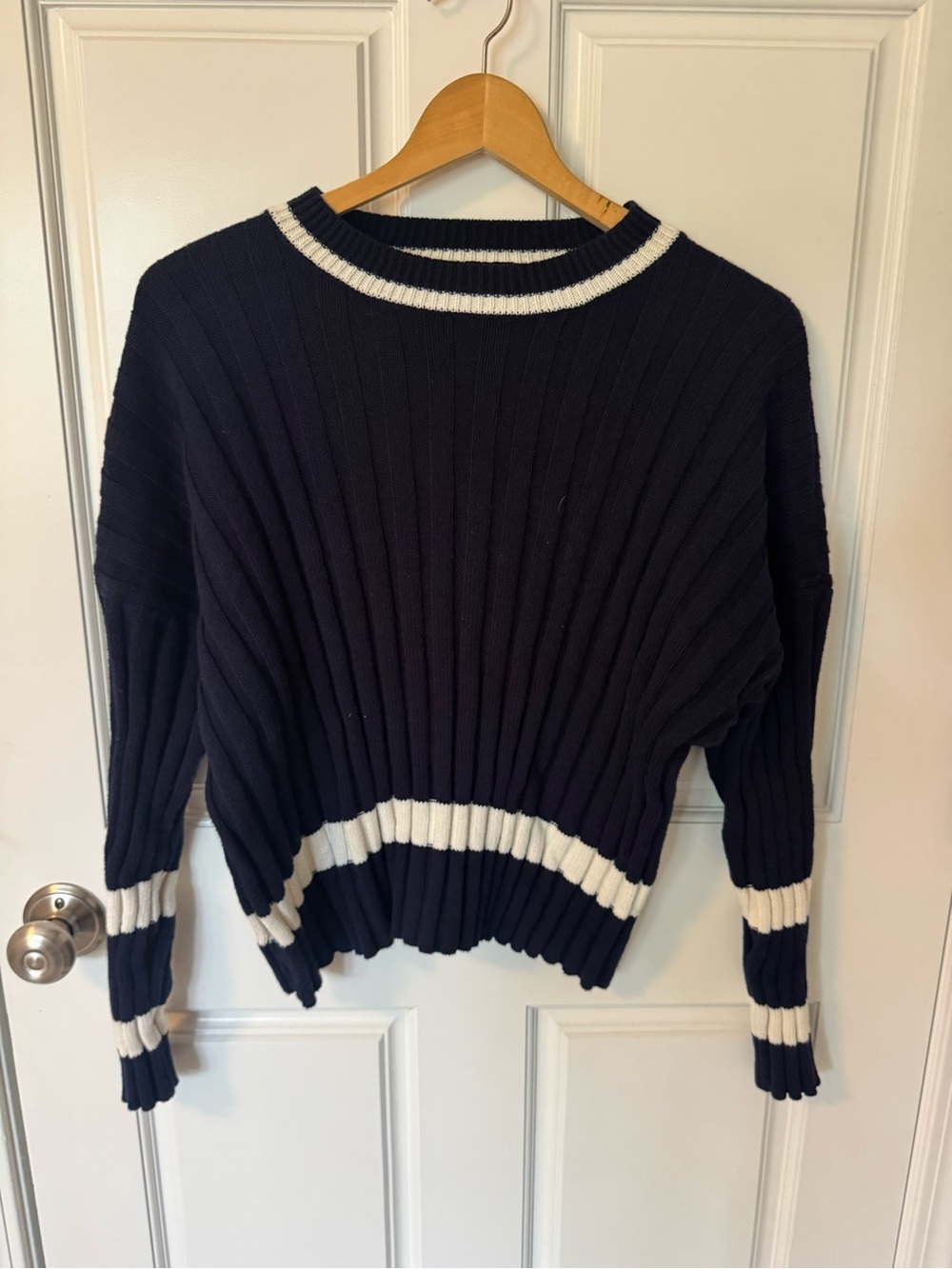 Sincerely Jules Navy Crewneck Sweater with White Stripes